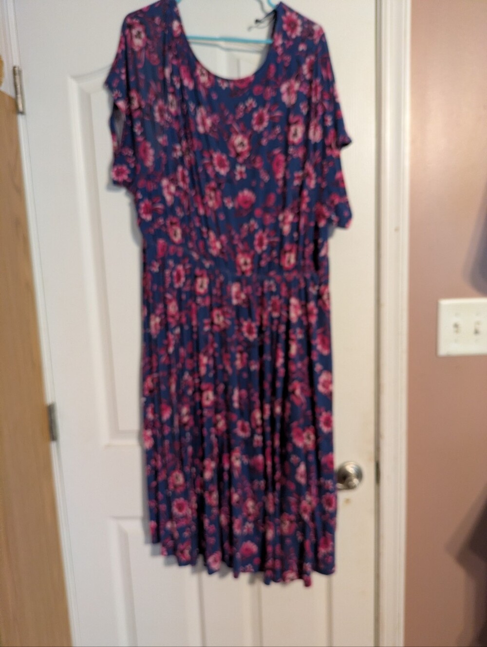 Navy Floral Midi Dress with Pink Blooms